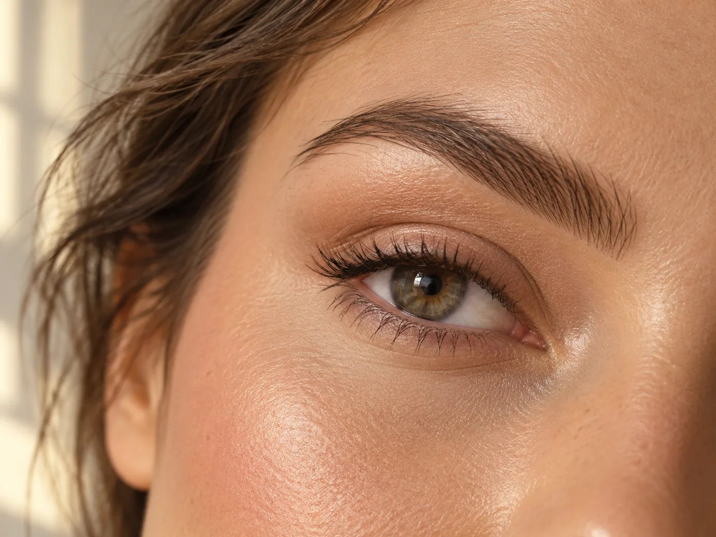 Detalhe de um olhar com sobrancelha natural penteada e pele com textura realista