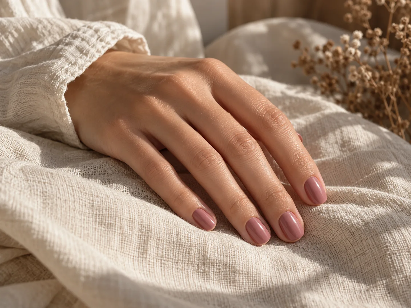 Mão sobre linho claro com unhas curtas esmaltadas em rosa suave